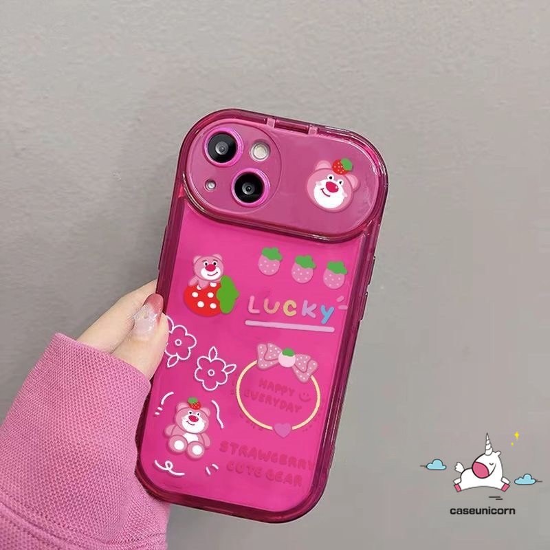 IPHONE Casing Ponsel Cermin Make Up Flip Kreatif Kompatibel Untuk Iphone11Xr13 12 14 Pro Max7 8 14 Plus X XS MAX SE Kartun Toy Story Strawberry Bear Manyo Alien Soft TPU Silicon Case