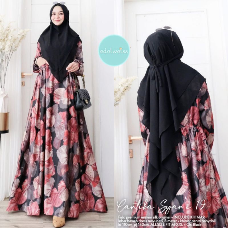 Cod Syari Dior bunga/gamis motif/gamis murah/gamis lebaran/gamis pengajian/gamis armany silk/gamis p