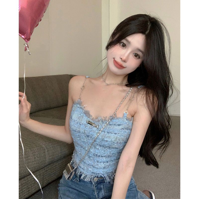 Red Rompi suspender rumbai biru wanita musim panas manis hot gadis pakaian luar desain rasa keinginan murni chic pakaian dalam atasan pendek