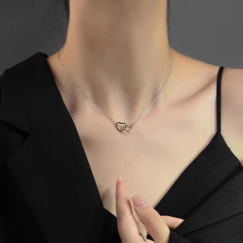 Papaozhu Bergaya s925 Perak Berongga Hati Ke Hati Kalung Cincin Gelang Untuk Wanita Perempuan Sederhana Peach Jantung Gelang Temperamen Leher Perhiasan