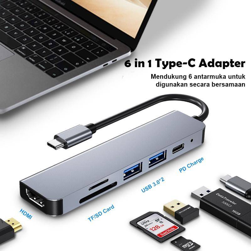 Pembaca Kartu Komputer USB C Type C HUB 6 In 1 Adpater Macbook Pro To USB 3.0 HDMI 4K 1080P Type-C PD Charging with SD TF Card Stasiun Dok Tipe-c Notebook HD Macbook