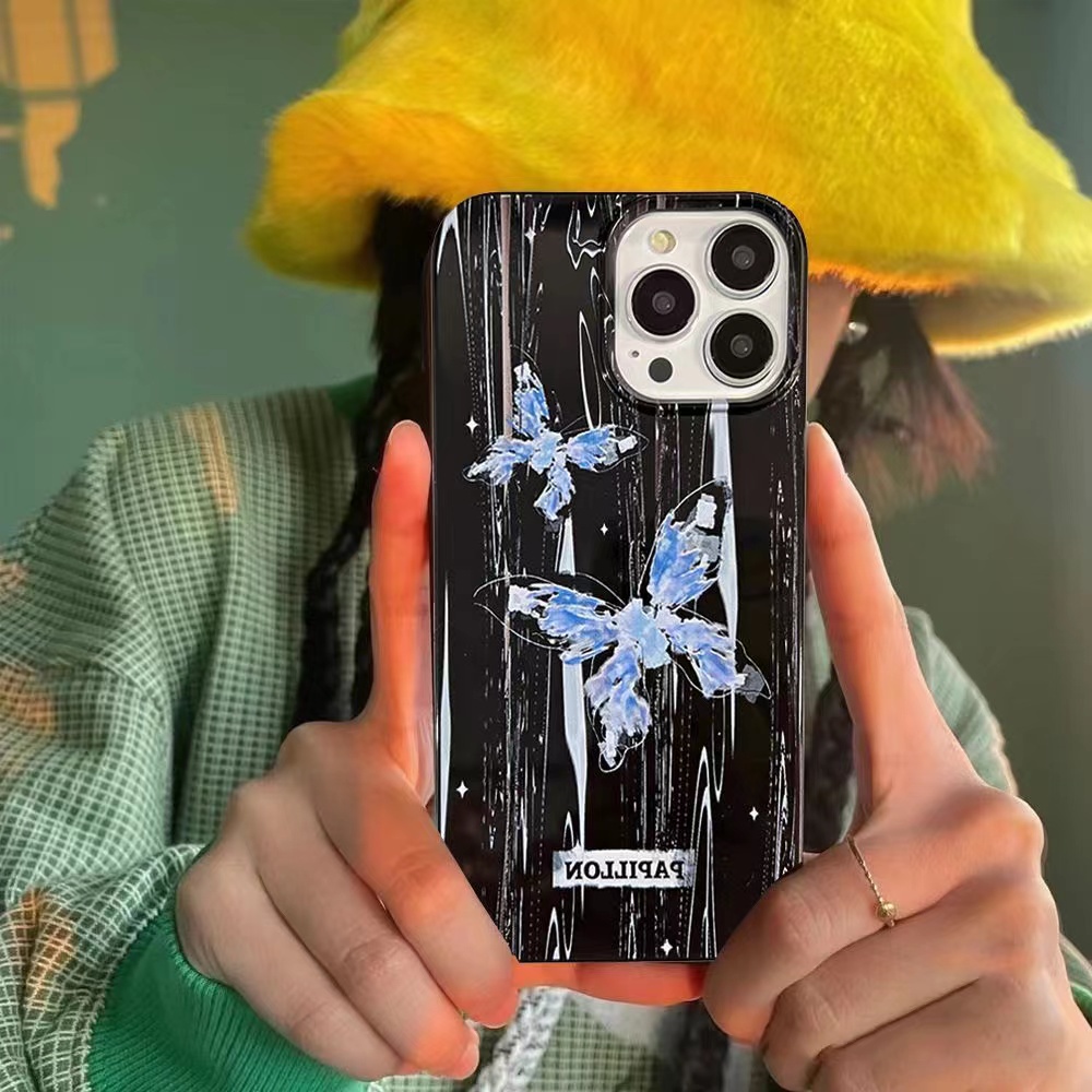 IPHONE Ins Kupu-Kupu Biru Cocok Untuk Iphone14 14pro 14plus 13 13mini 13pro 13prm iPhone12 7Plus 8Plus Xr XS 13 12mini Pro Max Empat Sudut Casing Ponsel Tahan Guncangan
