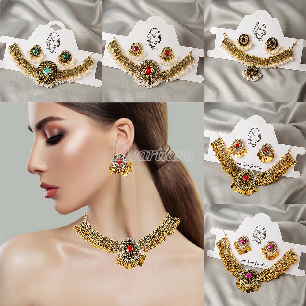 Fashion Ladies Perhiasan Lapis Emas Kalung Dubai Mewah Liontin Kalung Anting Set