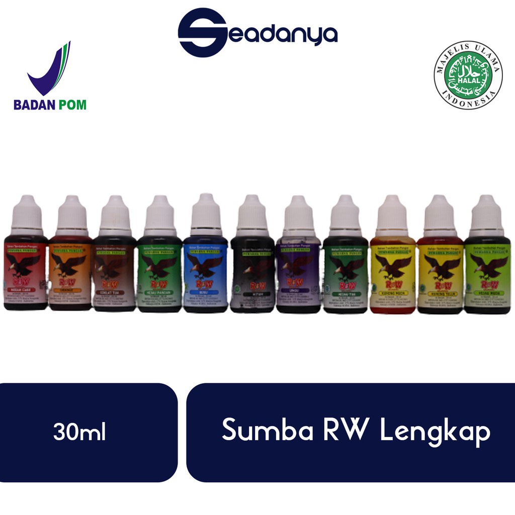 

Sumba Pewarna Pangan RW RAJAWALI R&W 30ml TERLENGKAP - Semua Pewarna Makanan -Halal MUI BPOM