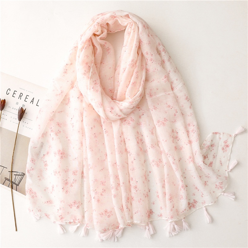 ITSFRIDAY FLOY Scarf - Premium Pashmina Shawl Selendang Syal Pasmina Hijab Import Motif Small Flower Baby Pink Tassel