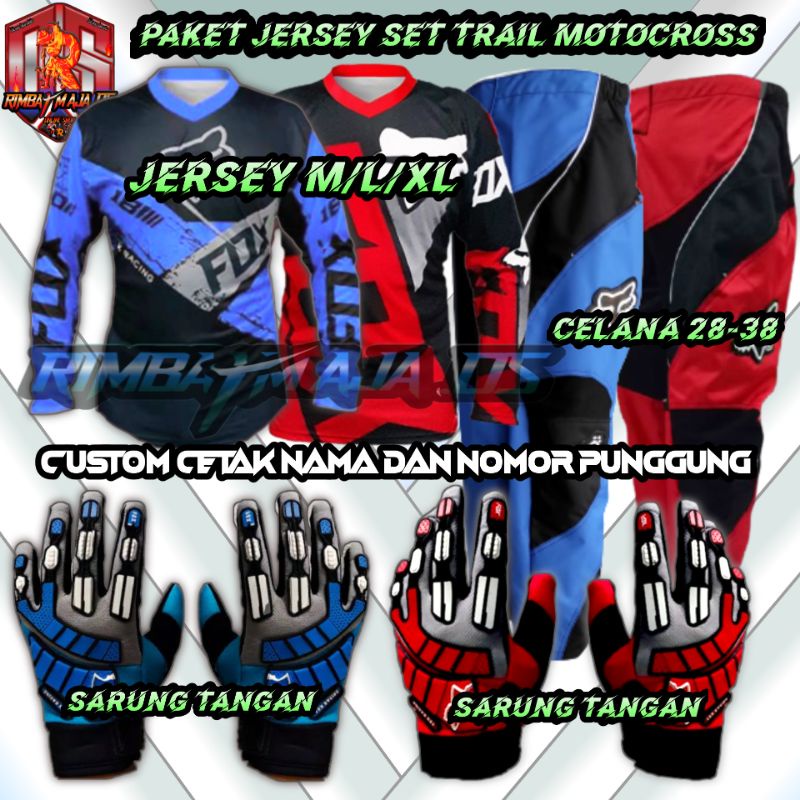 CUSTOM NAMA NOMOR PUNGGUNG JERSEY SET TRAIL CROSS DEWASA Jerset trail motocross set celana dan glove