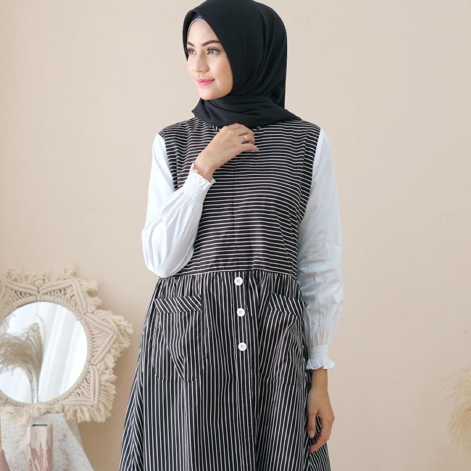 TERBAIK Ramee Mikayla gamis katun motif garis kombinasi polos/ 2 in 1