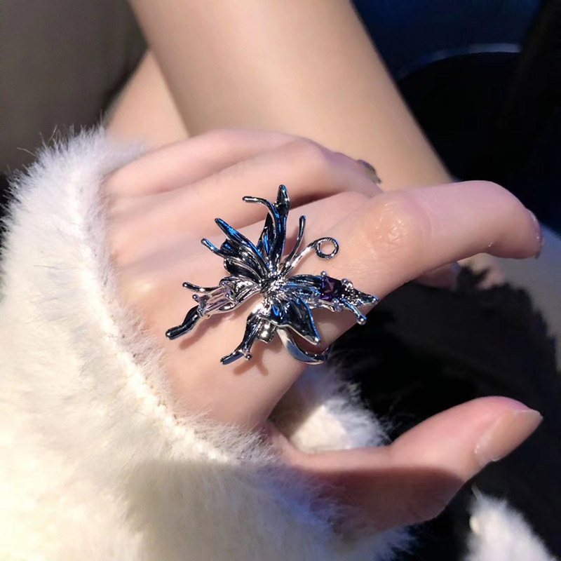 Logam Eropa Amerika Kupu-Kupu Besar Berlebihan Fashion Gaya Keren Unik Berkelas Cincin Terbuka Sederhana