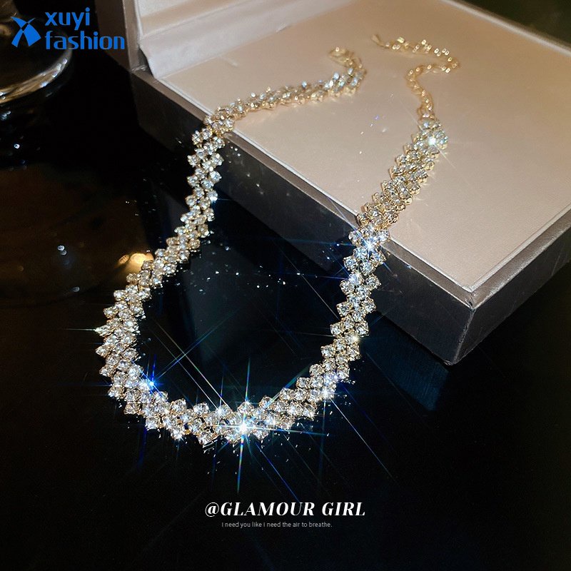 Kalung Kristal Temperamen Mewah Choker Perhiasan Aksesori Rantai Klavikula Perak