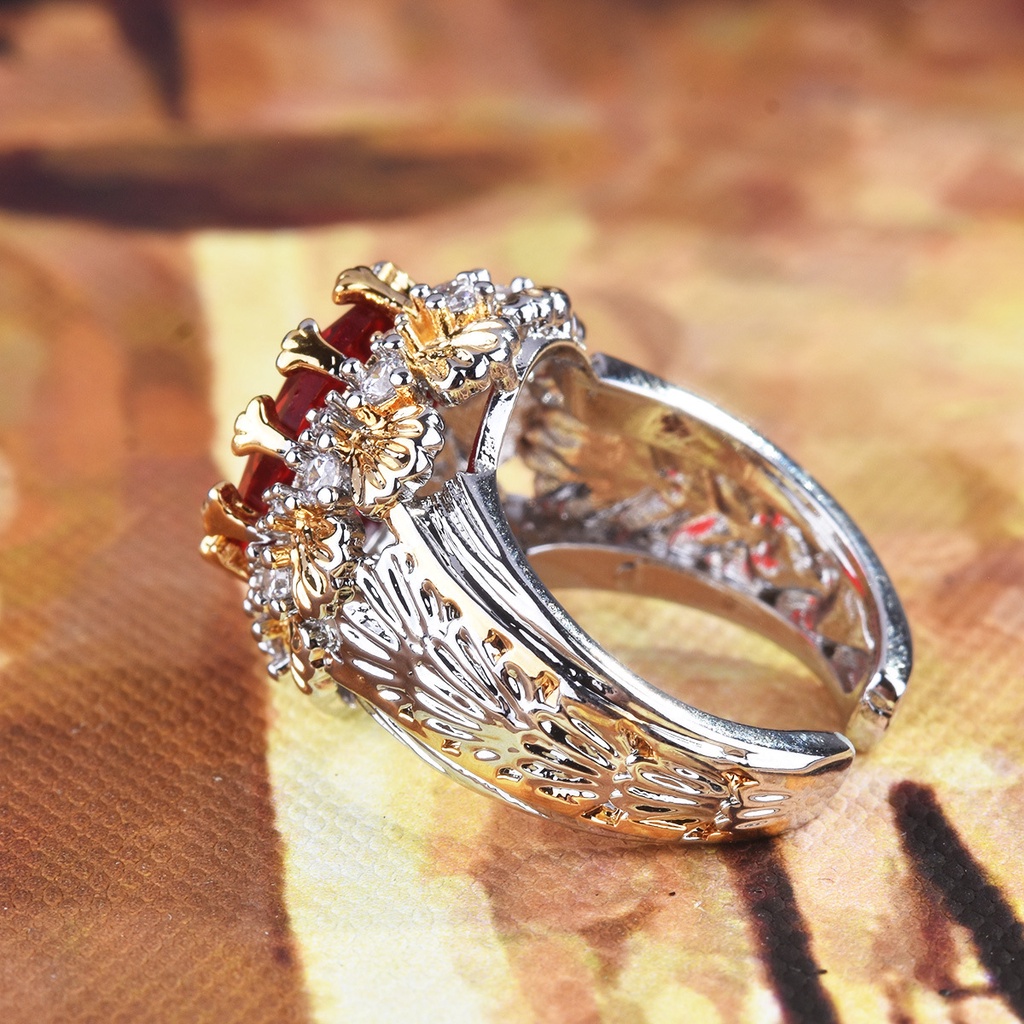 Goldkingdom Fashion Perhiasan Aksesoris Ready Stock Italia Retro Disikat Anyaman Terukir Kerajinan Emas Asli Kadar 375 Rupee Ruby Cincin Dalam Gaya Kuno Dua Warna Mahkota Emas Asli Kadar 375 Cincin