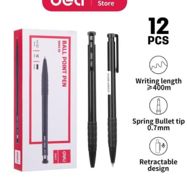 

BISA ✨COD✨ Deli Rectractable Ballpoint Pen / Pulpen Cetek 0.7 mm Isi 12 pcs/box Hitam EQ00320-12PCS gas !!