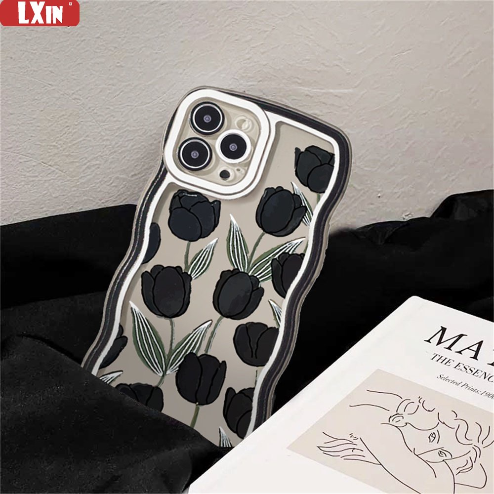Casing Tulip Hitam OPPO A17 A57 2022 A15 A16 A16K A54 A12 A5S A7 A94 A93 A3S A11k A53 A31 A52 A92 A37 F9 A1K A76 A36 5F A9 2020 Wave Edge TPU Phone Case Cover