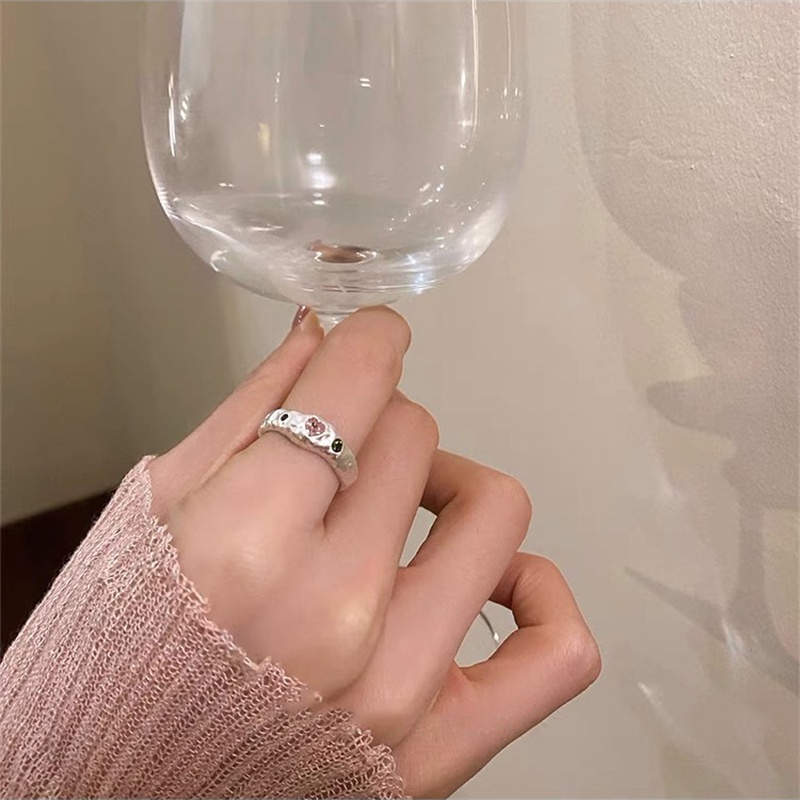 Cincin Minimalis Warna Perak Pembukaan Dapat Disesuaikan Untuk Wanita Trendi Elegan Hati Merah Muda Zirkons Ring Perhiasan Pesta Pernikahan