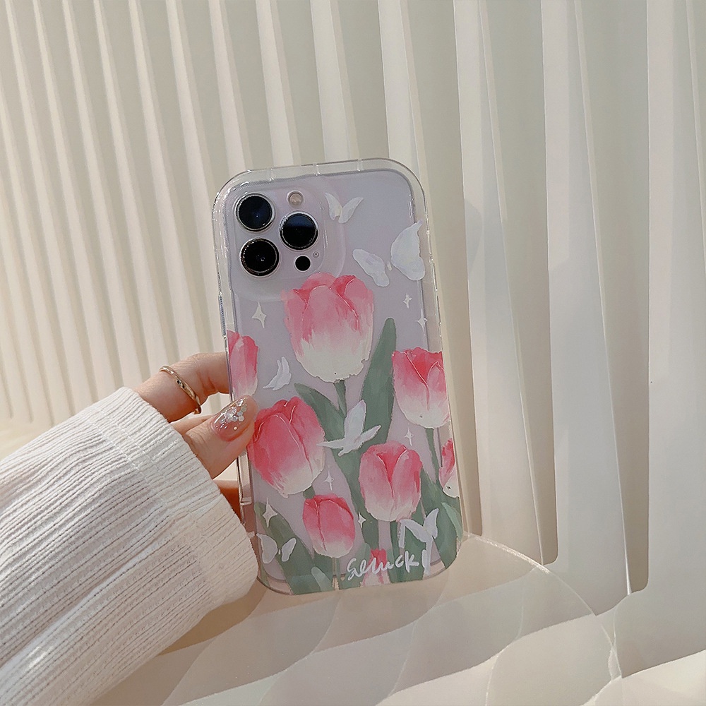 IPHONE Musim Semi Pink Tulip Lukisan Minyak Transparan Penuh Perlindungan Lembut TPU Ponsel Case Cover Shell Kulit Untuk Iphone11 12 13 14 PLUS PRO MAX
