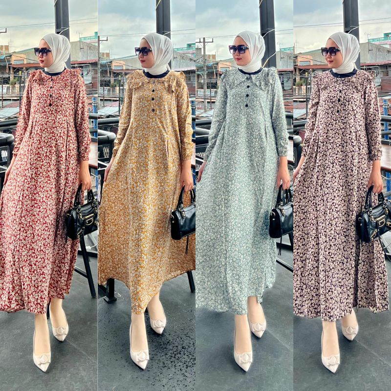gamis wanita rayon motif kerah midi import terbaru