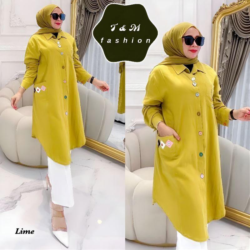 Trend &amp; Modren Fashion Anika Tunik Baju Wanita Vira Terbaru 2023 4 Varian Warna Hitam Putih Lime Pink Tunik Kancing Depan