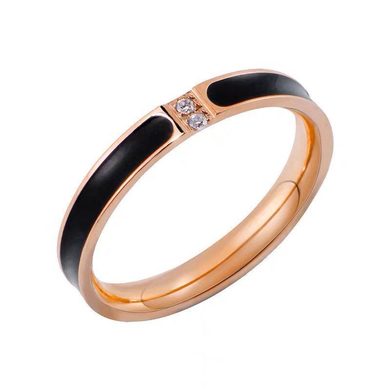 Cincin Berlian Bahan Titanium Steel Warna Hitam | Cincin Berlian Zirkon Mikro Inlaid Tunggal / Dua Berlian | Cincin Pasangan Warna Rose Gold