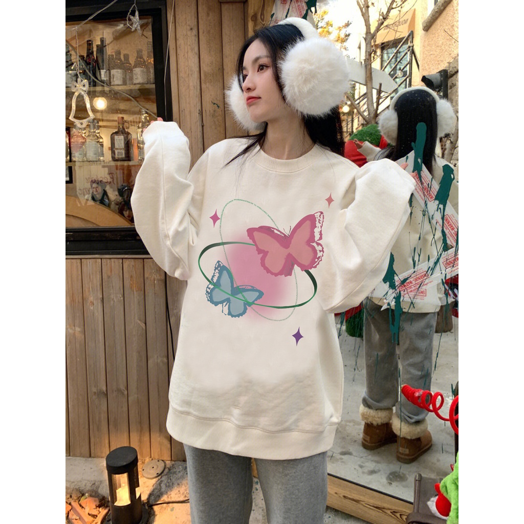 EUNII Sweater Lengan Panjang Cartoon Pink Butterfly Korean Style/Sweater Crop/Baju Wanita/Switer Wanita/Switer