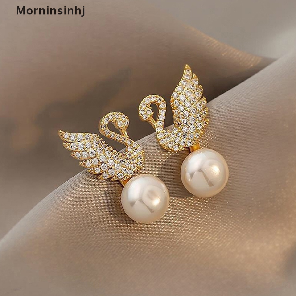 Mornin 1pasang Mutiara Imitasi Swan Berlian Imitasi Ear Studs Perhiasan Wanita Anting Fashion Aksesoris Pesta Hadiah id