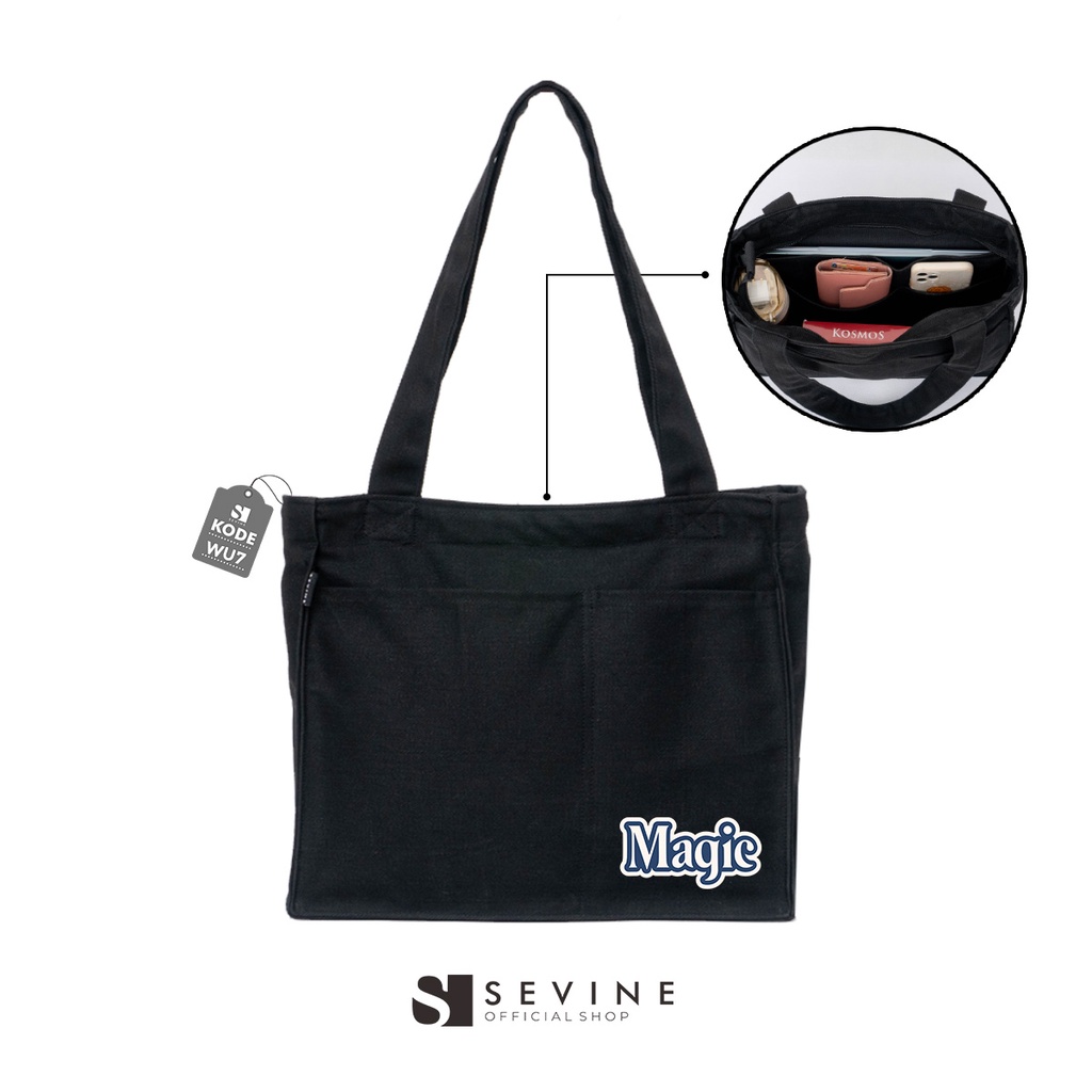 Sevine Totebag Kanvas Rebecca Tas Wanita Tote Bag Kuliah Sekolah Sekat Botol Laptop Hitam Elegan Aesthetic - WU