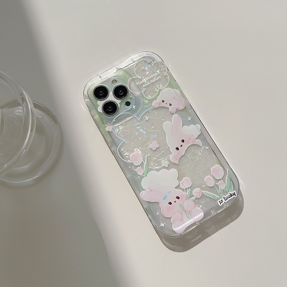 IPHONE Cute Pink Bunny Kelinci Musim Semi Kerang Pola Transparan Shockproof Casing Ponsel Cover Untuk Iphone11 12 13 14 PLUS PRO MAX