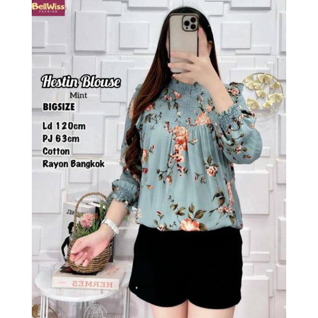 Blouse keliatan wanita hestin blus jumbo motif bunga tebal dan nyaman di pakai by bellwiss