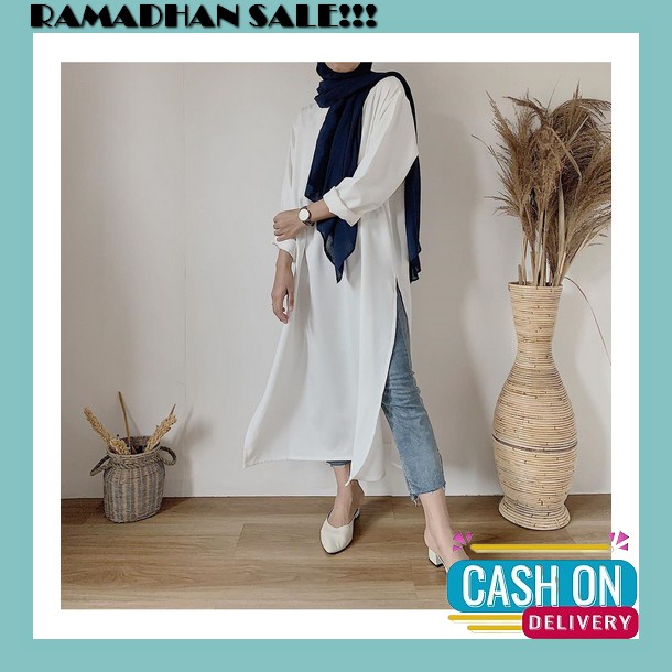 Tunik Crinkle Motif / Kemeja Motif Bunga / Tunik Floral Tunik Korea / Atasan Putih Promo Termurah  L