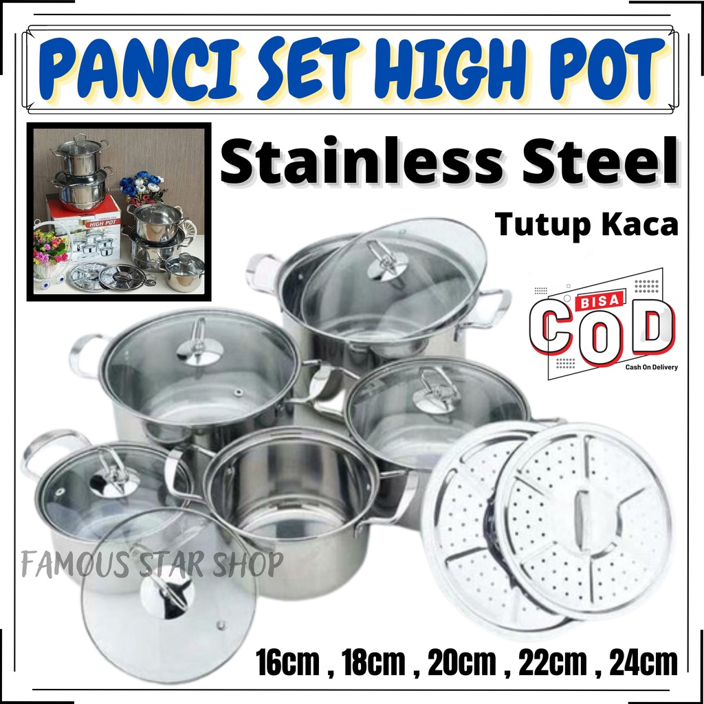 Panci Set High Pot Stainless Steel 12 pcs ~ Panci Stainless + kukusan / Panci High Pots Set 5 pcs + Steamer ~ PANCI SET ISI 5 PCS STAINLESS tutup KACA +STEAMER KUKUSAN 2PCS ~ FMS