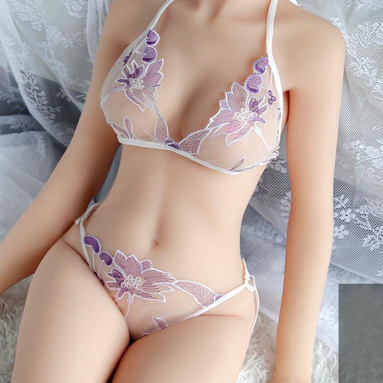 TERLARIS Lingerie Wanita Bikini transparan Seksi Set Bra V-Neck Renda Bordir Bunga Bra&thongs B11