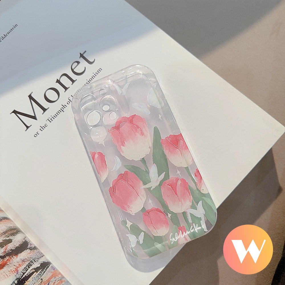 IPHONE Segar Musim Semi Bunga Tulip Bening Case Kompatibel Untuk Iphone13 11 14 12 Pro Max X7 8 6 6s Plus XR XS Max SE 2020 Fashion Kupu-Kupu Lembut TPU Airbag Shockproof Back Cover