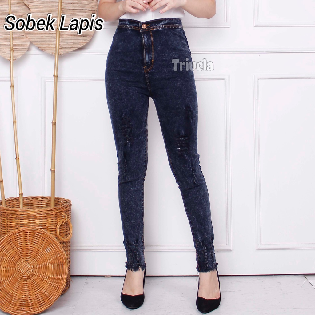 Highwaist Jeans Sobek Lapis Ghinza / Hw Jeans Ripped Ginza Stretch / Celana Pensil Wanita Sobek Snow