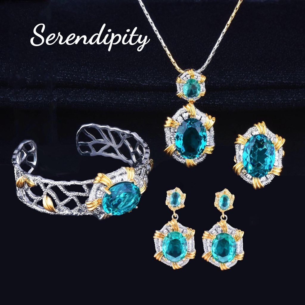 Goldkingdom Fashion Perhiasan Aksesoris Ready Stock Kerajinan Italia Warna Hijau Olive Harta Set Terang Paraiba Liontin Cincin Terbuka Berlian Kuning Eardrop Gelang