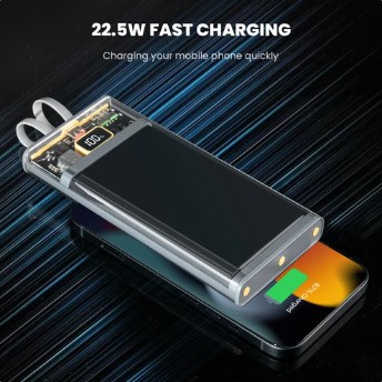 V15 Powerbank Vimet Transparent 10000mAh Fast Charging 22.5Watt Built in Cable