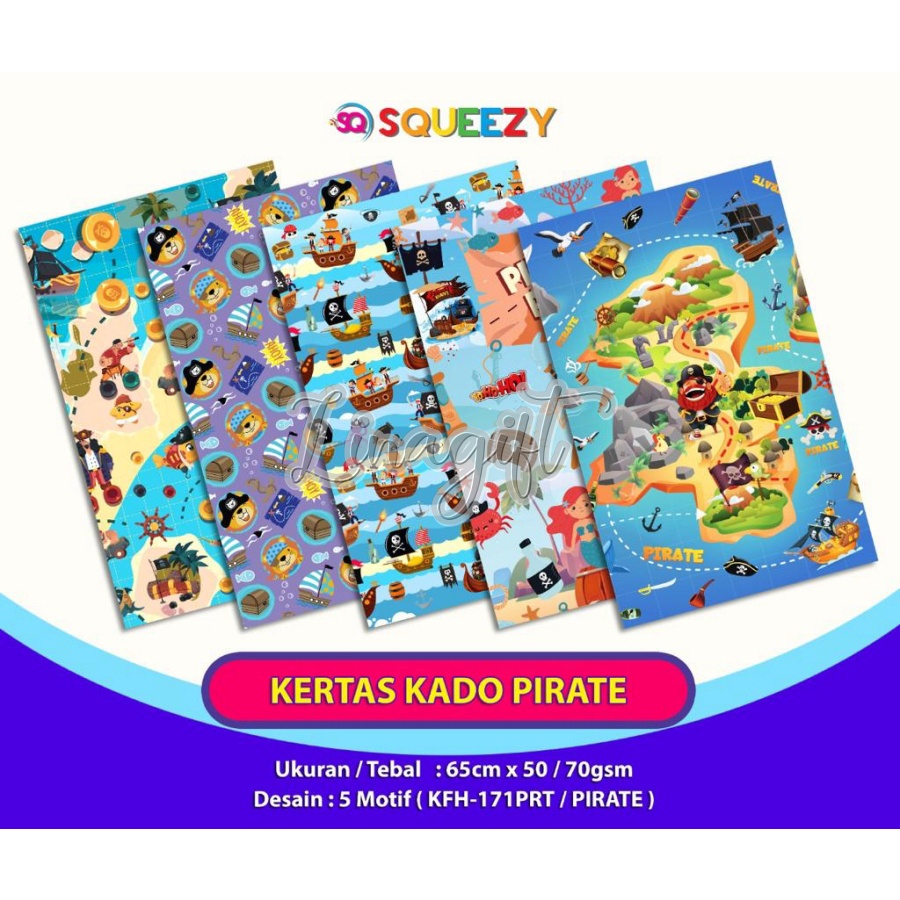 ( 5 Lembar ) KERTAS KADO SQ DOFF - GIFT WRAPPING PIRATE VINTAGE PATTERN / BAJAK LAUT KAPAL TREASURE - TAS KERTAS KADO