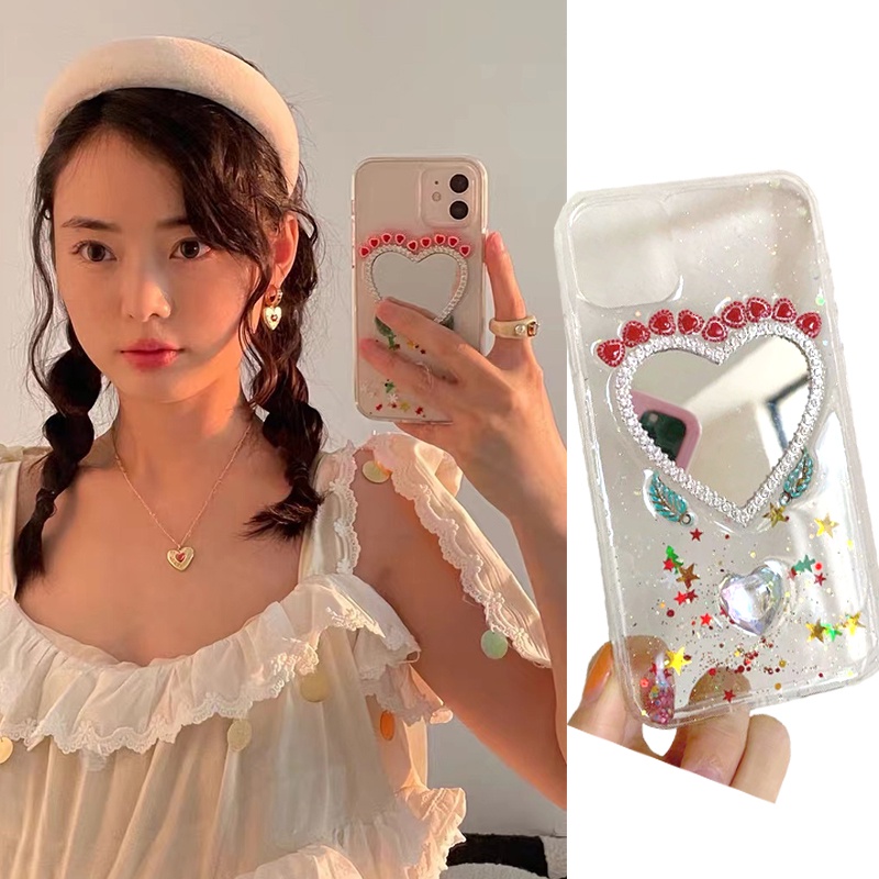 DIY Berlian Imitasi Cinta Makeup Cermin Ponsel Case untuk IPhone7 8 11 12 13Pro Max X XS XR SE Glitt