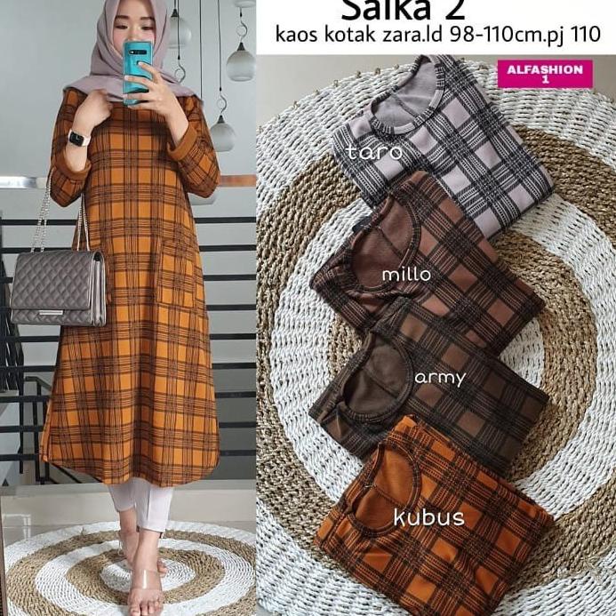 Terlaris Atasan Long Tunik Kaos Import Wanita Saika 2 by Alfashion Solo Kotak Kotak Ukuran Standar