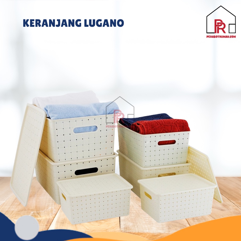 Kotak Keranjang Tutup Lugano / Box Anyam Plastik Tempat Penyimpanan Serbaguna Aesthetic