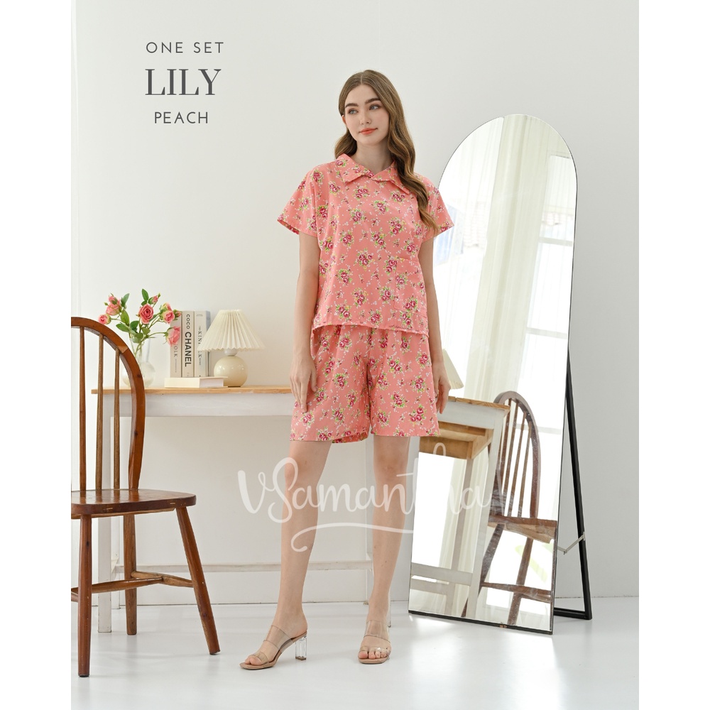 One Set Piyama / Pajamas Crop Motif Lily Peach