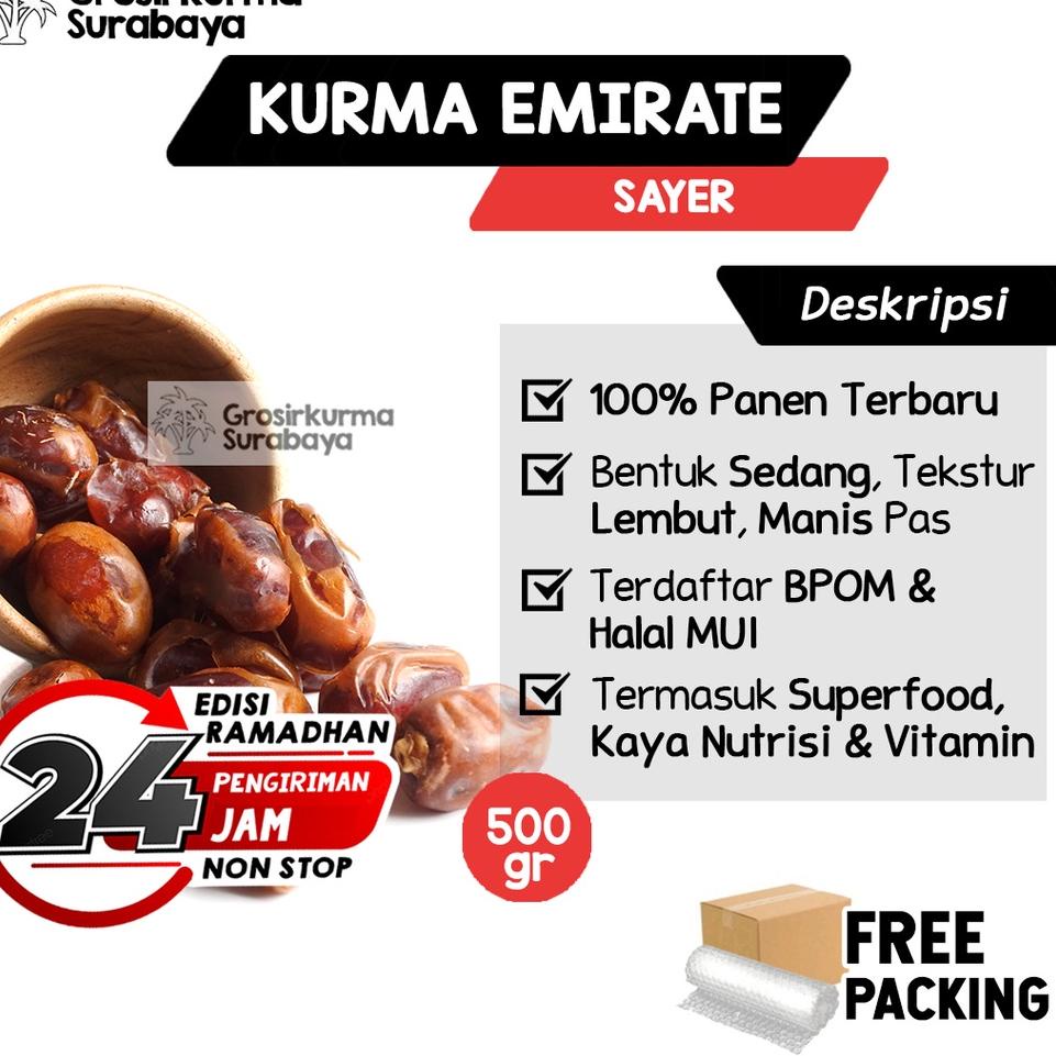 

STAR Kurma Emirate Sayer 500Gram Arab Saudi Premium Madu Bergizi Daging Tebal BPOM Mesir Golden Valley