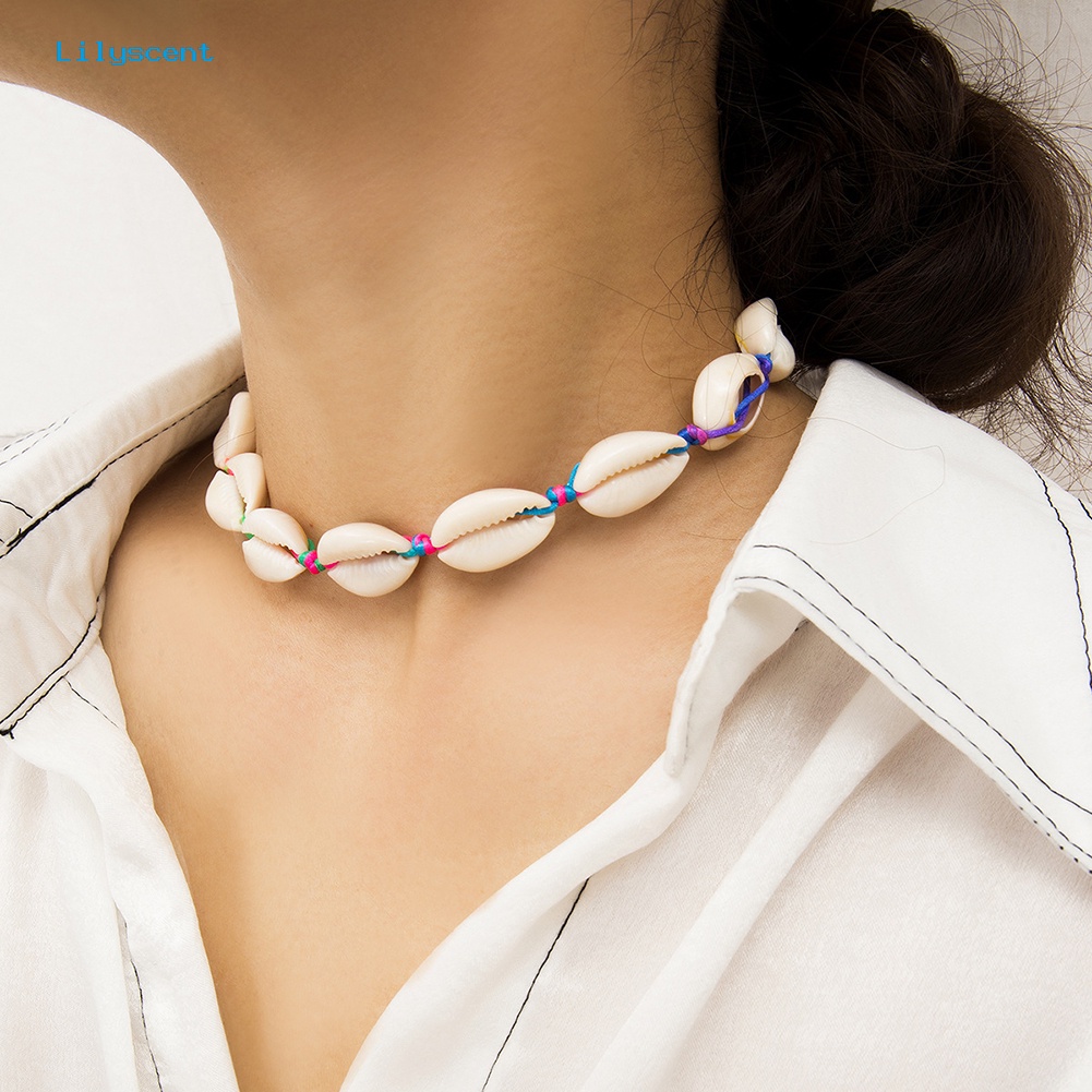 [LS] Hawai Wanita Cowrie Shell Warna-Warni Dikepang Tali Choker Adjustable Necklace
