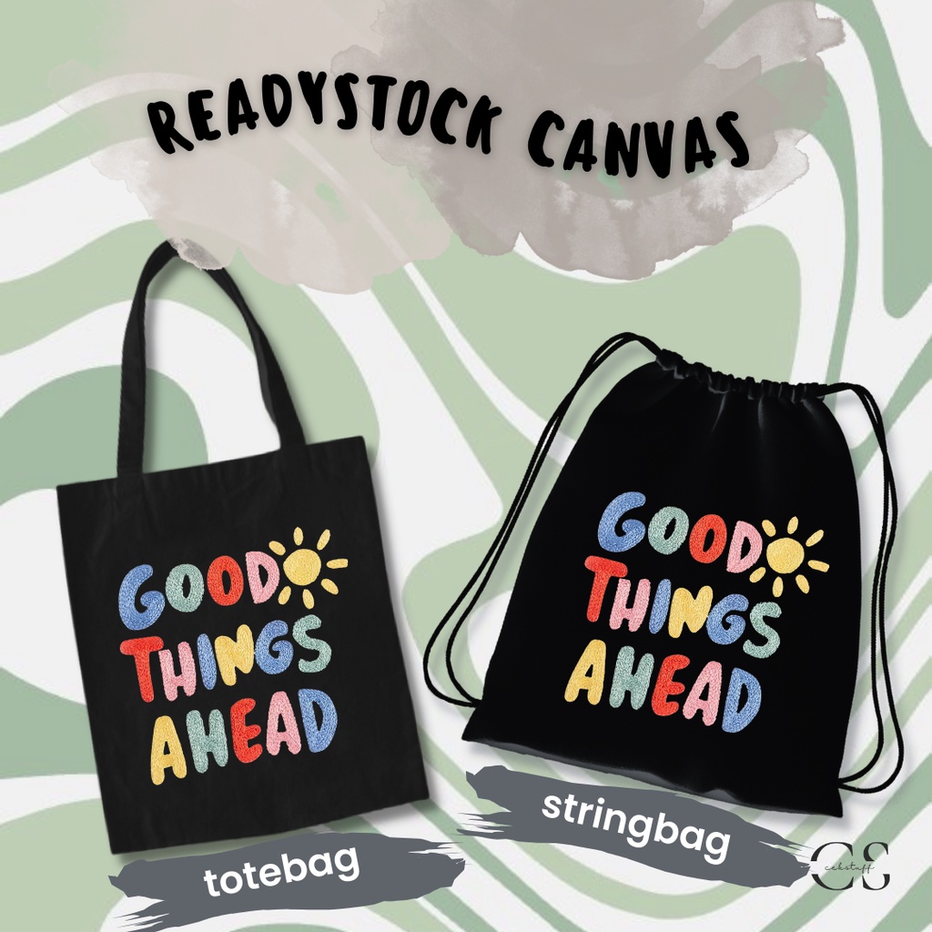 (30x40) TOTEBAG KANVAS HITAM &amp; STRINGBAG GOOD THINGS / TAS SERUT SATUAN / TOTEBAG KANVAS AESTHETIC MURAH / TOTEBAG KULIAH MOTIF / TAS SEKOLAH / TAS RANSEL AESTHETIC / STRINGBAG AESTHETIC / STRINGBAG SEKOLAH / TAS GENDONG SERUT