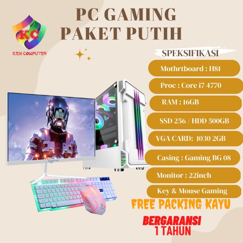 PC GAMING PUTIH CORE I7 4770 RAM 16 GB SSD 256 MONITOR 22