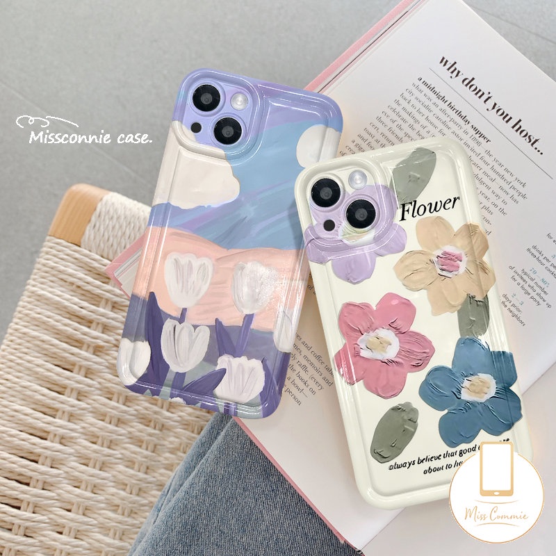 IPHONE Art Fresh Flower Tulips Case Kompatibel Untuk Iphone11 13 12 14 Pro Max 7Plus XR X8 6 7 6s Plus XS Max SE 2020 Lukisan Minyak Flowers Shockproof Airbag Lembut Tpu Silicon Back Cover