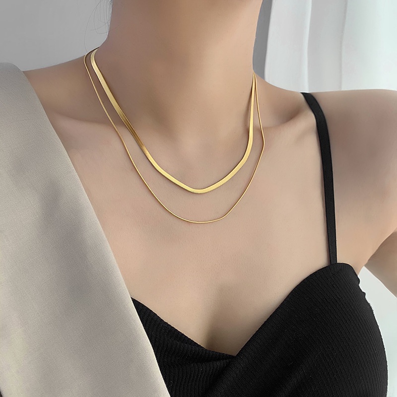 Kalung titanium dua layer polos simple elegan Anti karat korea fashion harga grosir bisa bayar di tempat