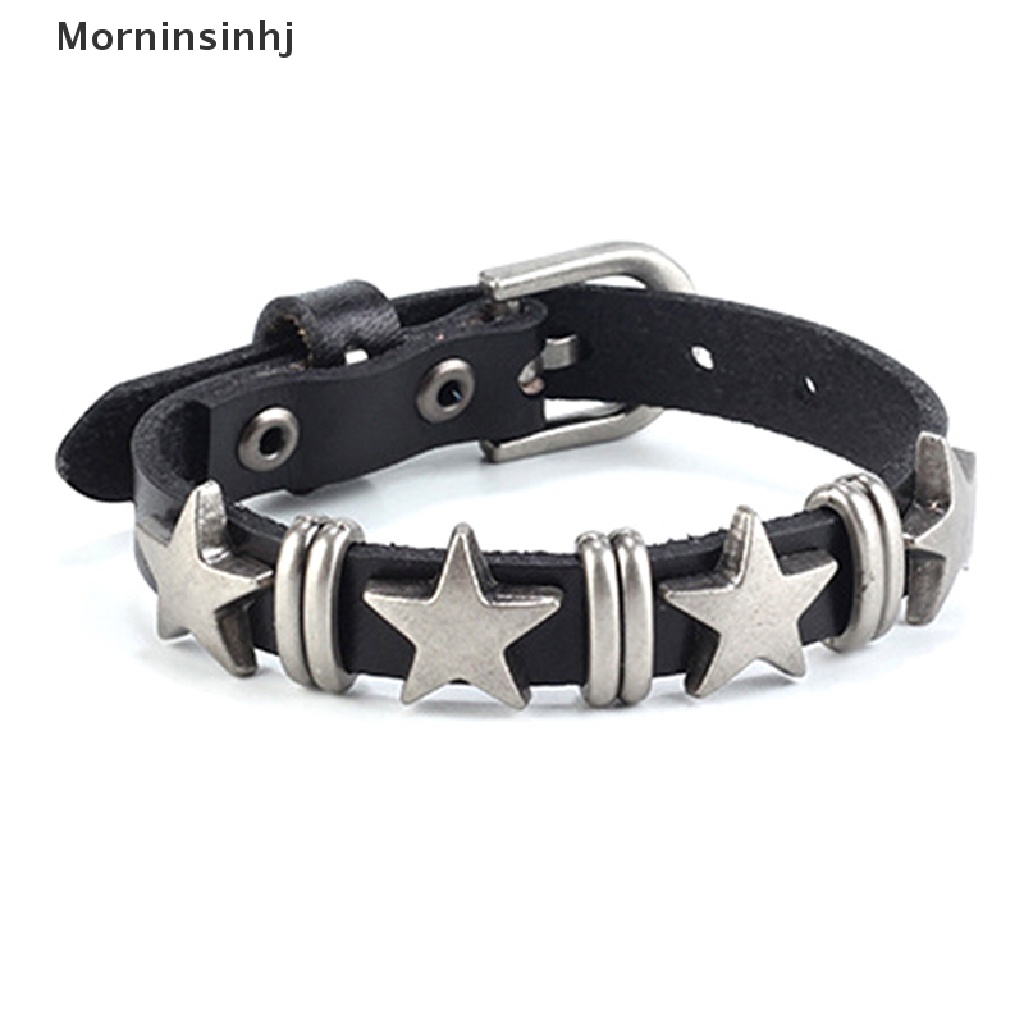 Mornin Retro Punk Gelang Kulit Imitasi Untuk Pria Wanita Bintang Kulit Gelang Adjustable Rivet Alloy Bracelet Goth Perhiasan Aksesoris Pakaian id