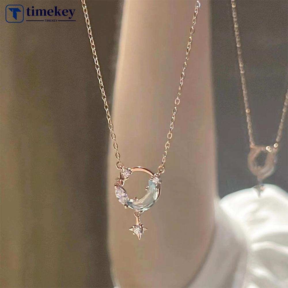 Timekey Kalung Bulan Bintang Biru Mode Bulan Bintang Temperamen Rantai Tulang Selangka Kalung Wanita Perhiasan Aksesori D7G4