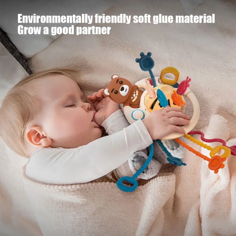 Creative 5 In 1 Children Pull String Developmental Toy / Safe Non-toxic Soft Silicone Teething Toys / Cute Cartoon Bear Flying Saucer Shape Fun Toy