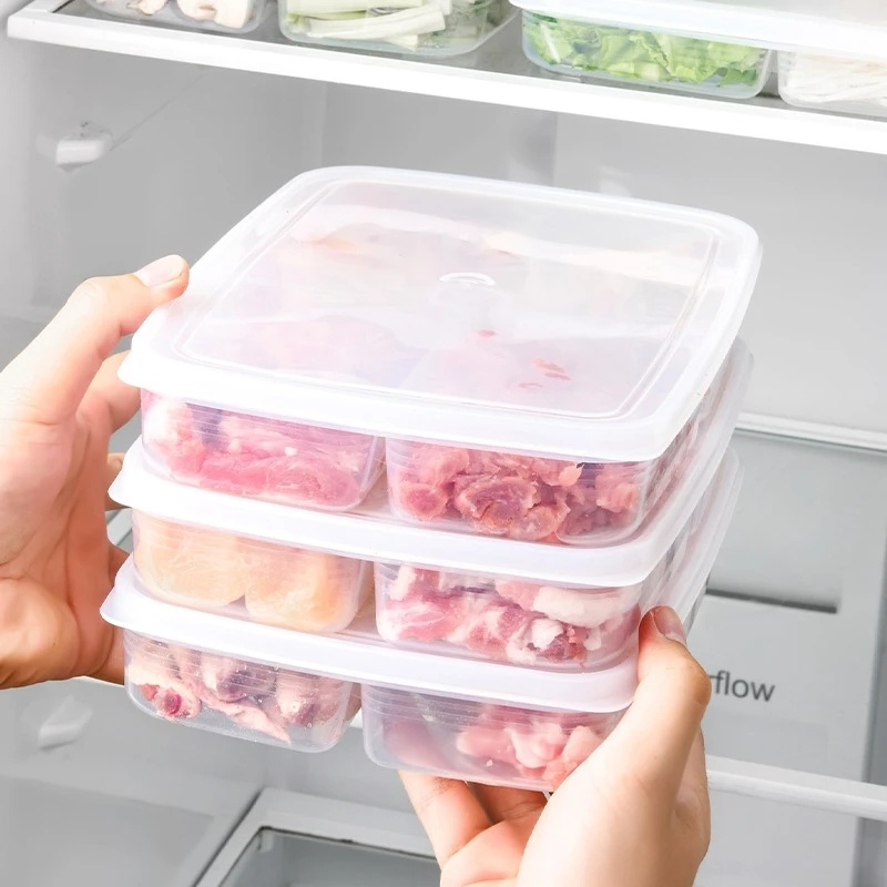 4kisi Makanan Buah Segar Food Container Kitchen Kotak Penyimpanan Sekat Daging Sayur Plastik Bening Dengan Tutup Kompartemen Portabel Kulkas Freezer Organizer Aksesoris Dapur