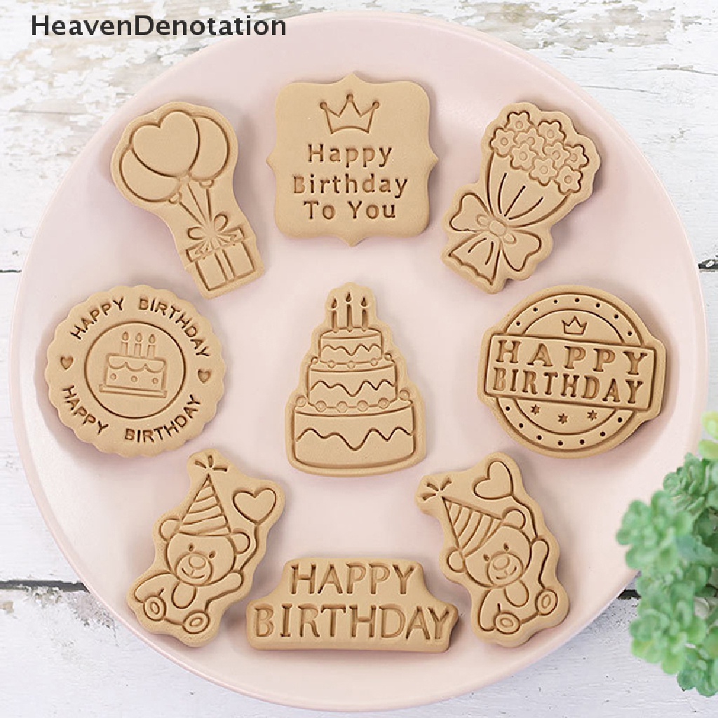 [HeavenDenotation] 8Pcs / Set Birthday Theme Cookie Cutters Plastic 3D Pressable Biscuit Mold Cookie Stamp Kitchen Baking Tools Kids Birthday Party Decor HDV