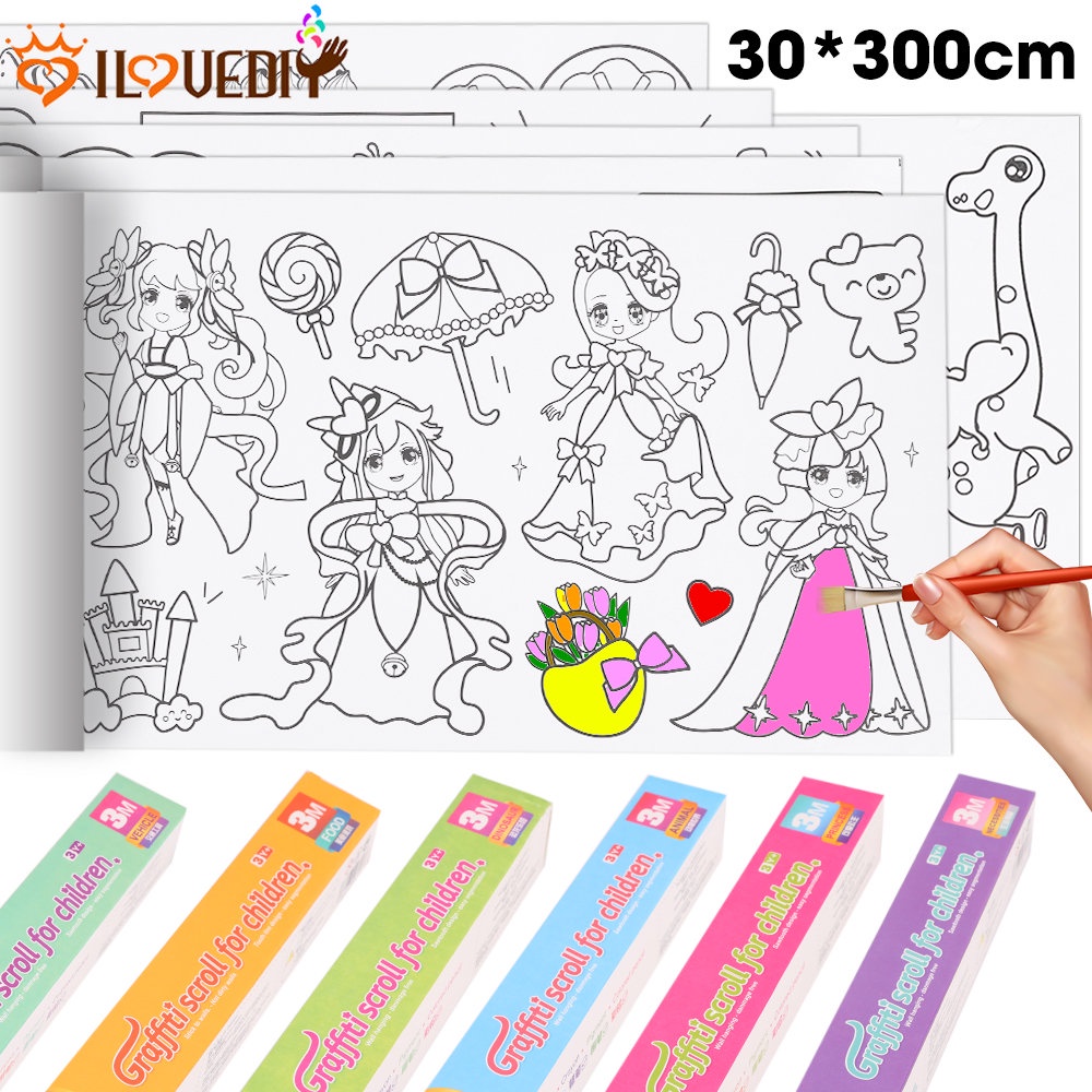 30 * 300 cm DIY Lukisan Mainan Anak Pendidikan Belajar Mainan Anak Mewarnai Kertas Mainan Tiga Meter Anak Graffiti Scroll Color Filling Paper Roll